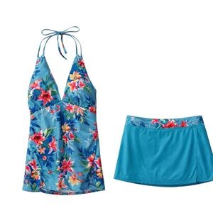YONIQUE Small Tropical Floral Halter Tankini Top + Swim Skirt Skort Set Blue